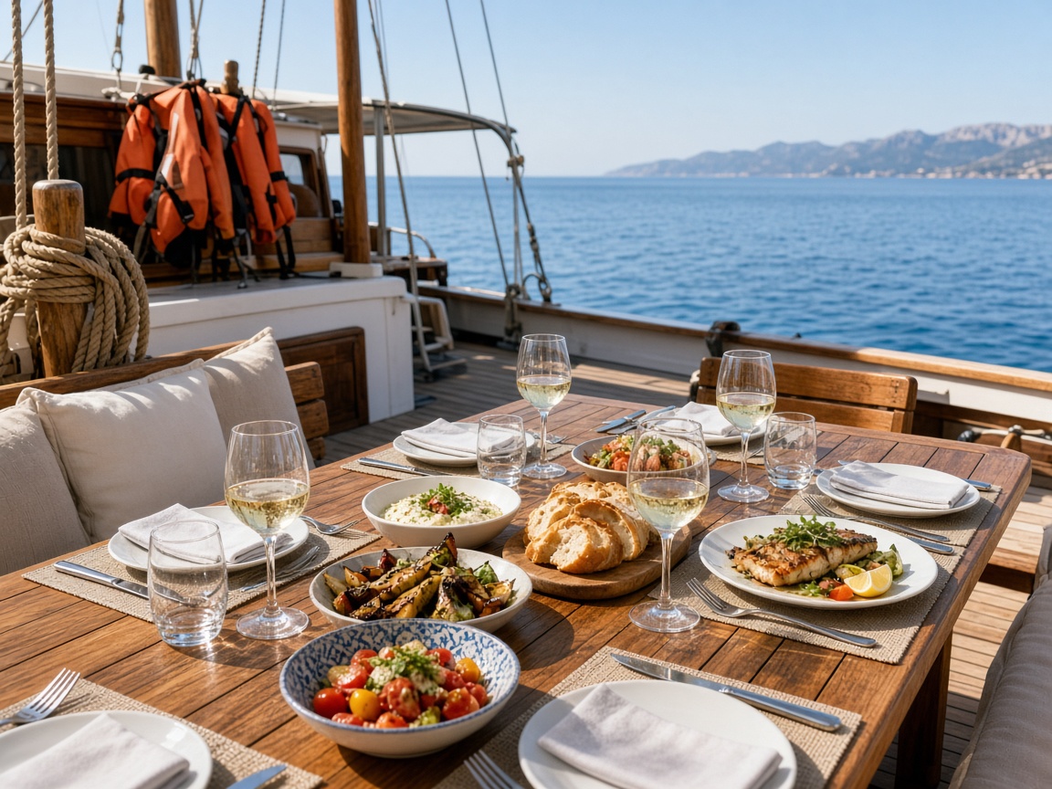 Pranzo a bordo durante il noleggio caicco in Sicilia